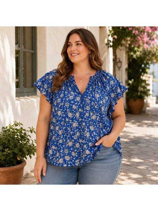 Max Studio Tops - Max Studio Dark Blue Floral Flutter Sleeve Womens 1XL Blouse Fairy Summer